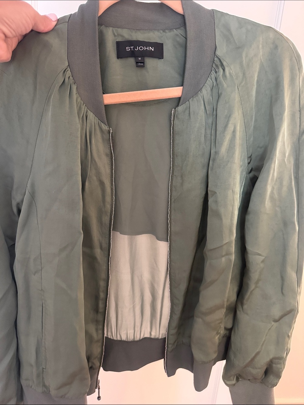 St. John Olive Green Satin Bomber Jacket with Ribbed Trim, medium